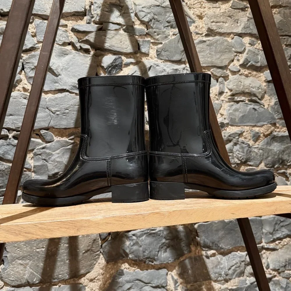 Prada Black Enamel Triangle Mid-Calf Rain Boots - Picture 9 of 14